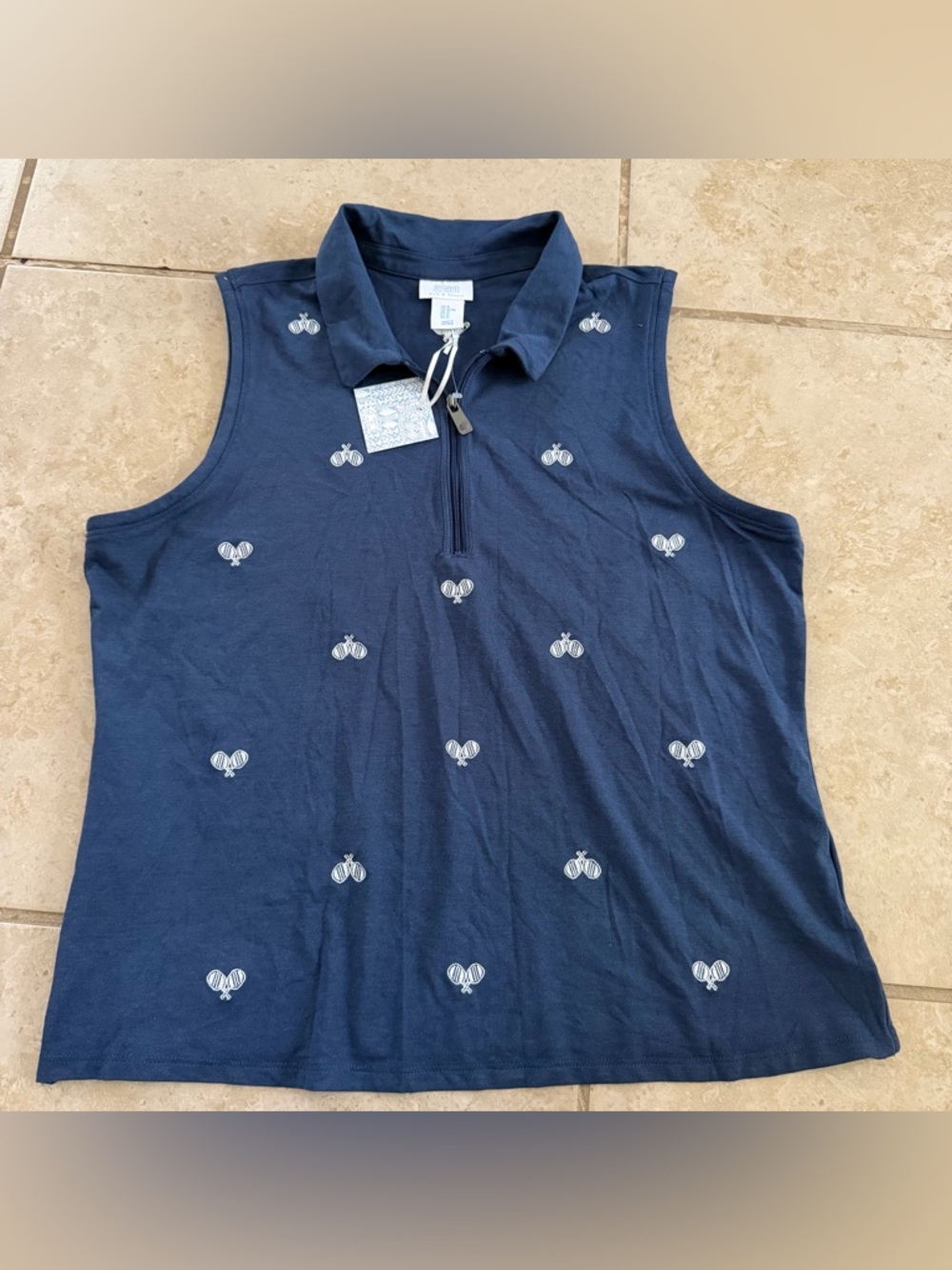Sigrid Olsen Golf & Tennis Top Navy Blue Embroidered Racquets Sleeveless